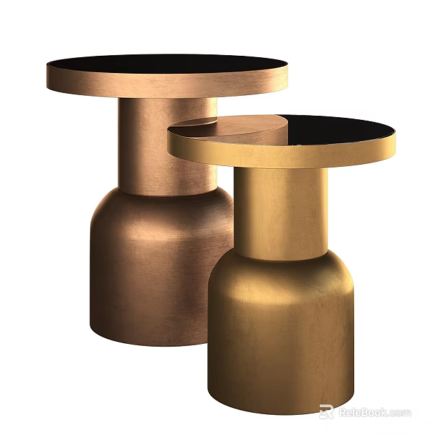 Two Modern Side Tables With Gold Copper Bases And Round Black Tops 3d model 
