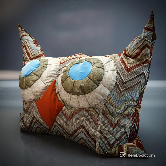 Owl Shaped Decorative Pillow With Blue Eyes Orange Beak And Zigzag Pattern Home Decor 3d model 