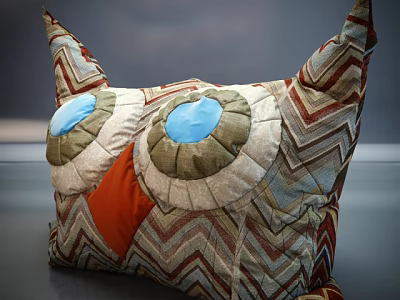 Owl Shaped Decorative Pillow With Blue Eyes Orange Beak And Zigzag Pattern Home Decor 3d model