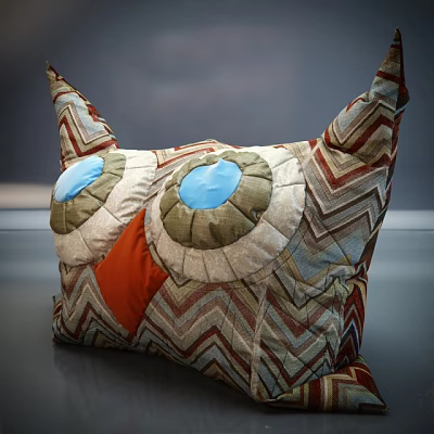 Owl Shaped Decorative Pillow With Blue Eyes Orange Beak And Zigzag Pattern Home Decor 3d model