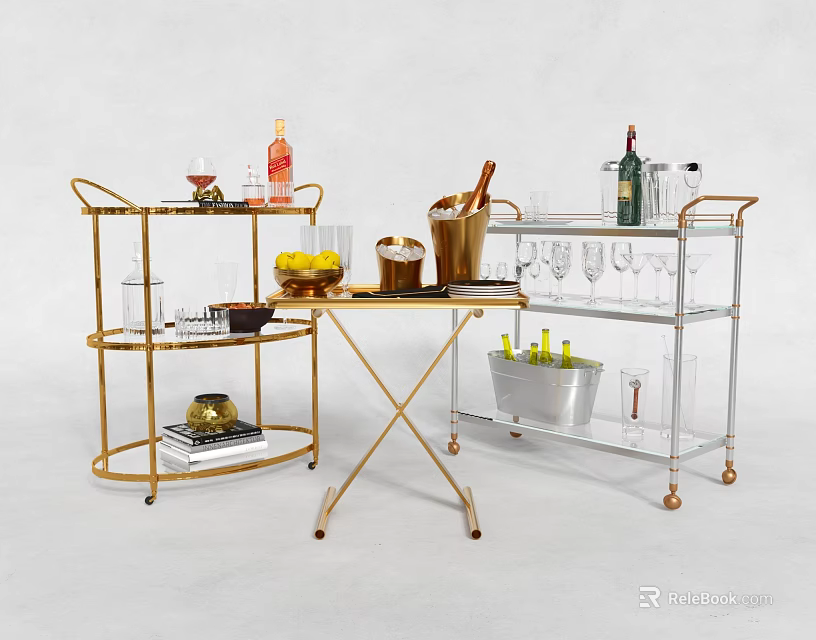 Modern Commercial Bar Serving Carts With Gold Frame Transparent Shelves And Wine Essentials 3d model 