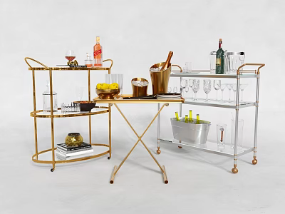 Modern Commercial Bar Serving Carts With Gold Frame Transparent Shelves And Wine Essentials 3d model