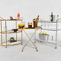 Modern Commercial Bar Serving Carts With Gold Frame Transparent Shelves And Wine Essentials
