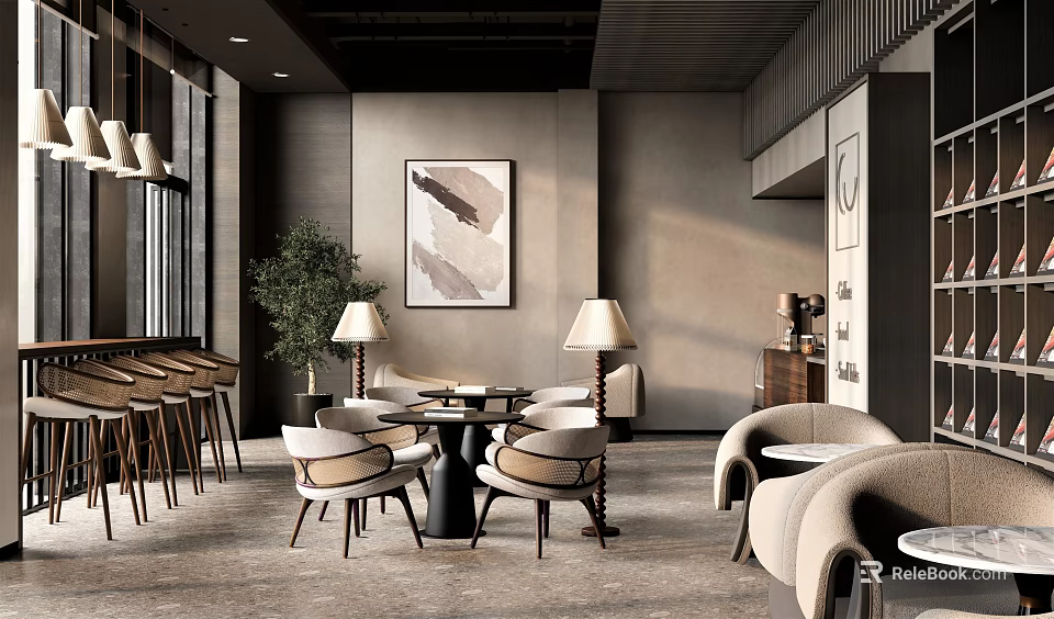 Elegant Modern Restaurant Interior With Open Layout Dining Tables Chairs Pendant Lights And Green Plants 3d model 