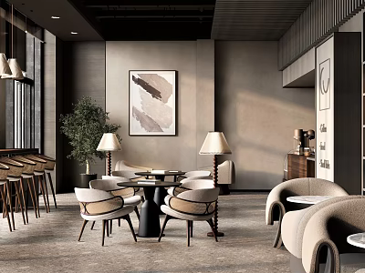 Elegant Modern Restaurant Interior With Open Layout Dining Tables Chairs Pendant Lights And Green Plants 3d model