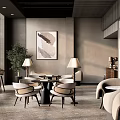 Elegant Modern Restaurant Interior With Open Layout Dining Tables Chairs Pendant Lights And Green Plants
