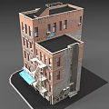 Multi Story Brick Building With External Fire Escape And Ground Floor Shops 3d model