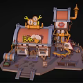Cartoon Bar Scene With Orange Roof And Clock Decorations Wooden Barrels Benches And Stairs