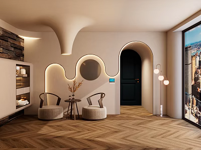 Elegant Living Room Interior With Arched Doorway Round Mirror Accent Chairs And Herringbone Floor 3d model