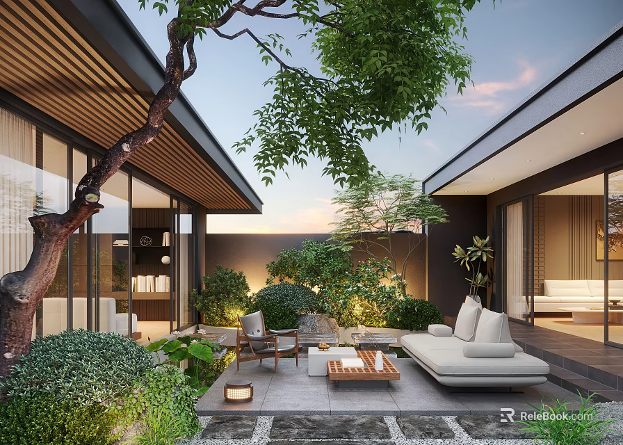 Modern Courtyard Garden Design With Outdoor Sofa Coffee Table Lush Trees And Stone Paving 3d model 