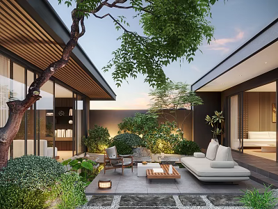 Modern Courtyard Garden Design With Outdoor Sofa Coffee Table Lush Trees And Stone Paving 3d model