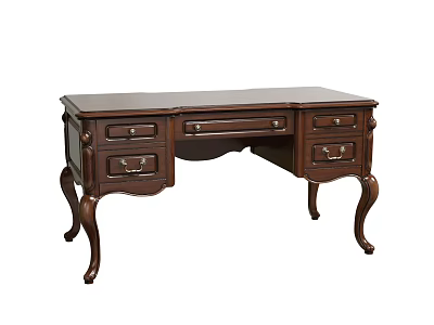Traditional Dark Brown Desk with Curved Legs Drawers and Ornate Wooden Details 3d model