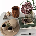 Stylish Decorative Ornament Set with Glass Vase Green Plant Ceramic Mugs and Books
