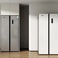 Modern Room With Silver And White Double Door Refrigerators And Freezers On Wooden Floor