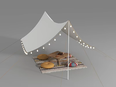 Outdoor Camping Tent Setup With String Lights Round Cushions Wooden Table And Striped Rug 3d model