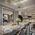 Elegant Modern Living Dining Room Interior With Chandelier Fireplace TV Wall Sofa And Coffee Table