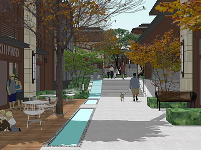 Vibrant Commercial Street With Scenic Trees Pedestrians Shops Tables And Benches 3d model