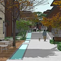 Vibrant Commercial Street With Scenic Trees Pedestrians Shops Tables And Benches