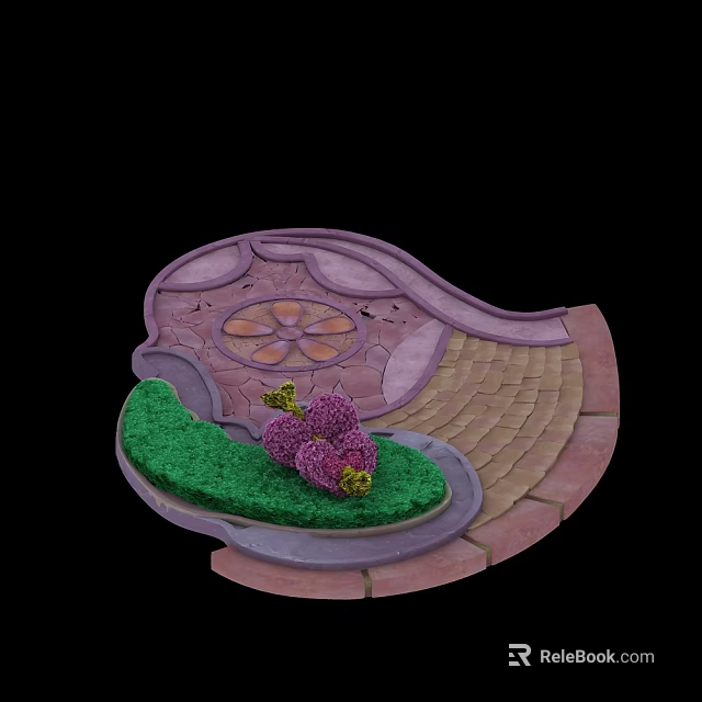 Decorative Garden Plant Display With Green Lawn Purple Flower Cluster And Curved Stone Path 3d model 