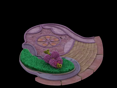 Decorative Garden Plant Display With Green Lawn Purple Flower Cluster And Curved Stone Path 3d model