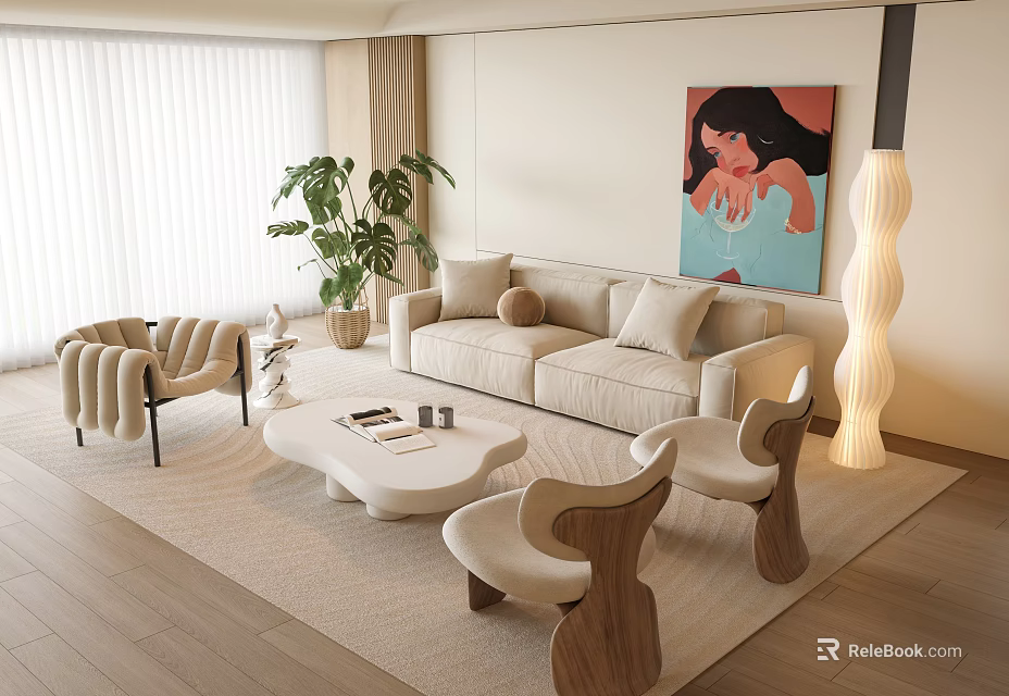 Modern Living Room Beige Sofa And White Coffee Table Set With Chairs Plant And Painting 3d model 