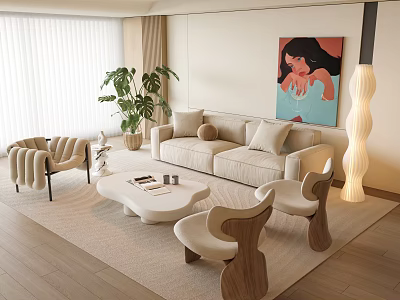 Modern Living Room Beige Sofa And White Coffee Table Set With Chairs Plant And Painting 3d model