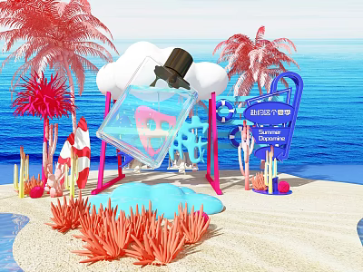 Vibrant Beach Scene With Pink Palm Trees Red Coral Clouds Transparent Bottle And Black Hat 3d model