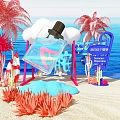 Vibrant Beach Scene With Pink Palm Trees Red Coral Clouds Transparent Bottle And Black Hat