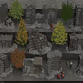 Collapsed Industrial Factory Building With Miniature People Figures And Trees Models