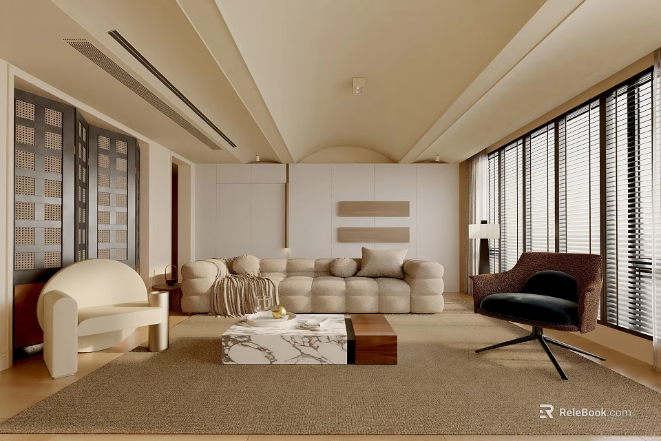 Modern Living Room Interior Design With Beige Sofa Light Carpet And Marble Coffee Table 3d model 