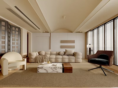 Modern Living Room Interior Design With Beige Sofa Light Carpet And Marble Coffee Table 3d model