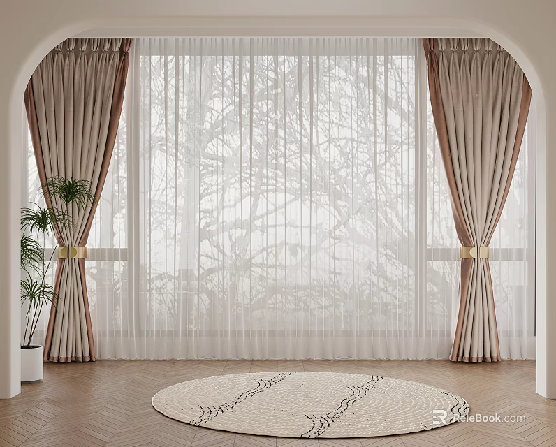 Beige Brown Striped Curtains Sheer Panels For Arched Window Wooden Floor Round Rug Potted Plant 3d model 
