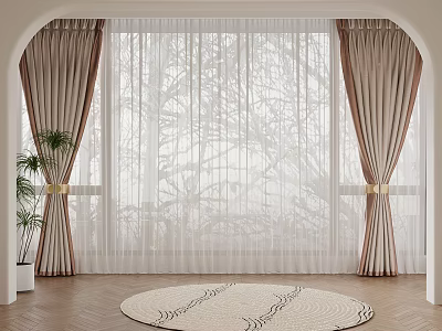 Beige Brown Striped Curtains Sheer Panels For Arched Window Wooden Floor Round Rug Potted Plant 3d model