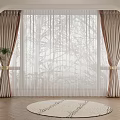 Beige Brown Striped Curtains Sheer Panels For Arched Window Wooden Floor Round Rug Potted Plant
