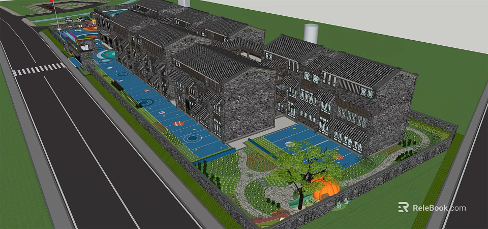 Traditional Style Kindergarten With Gray Tiled Roofs Stone Walls Blue Playground Green Lawns And Trees 3d model 