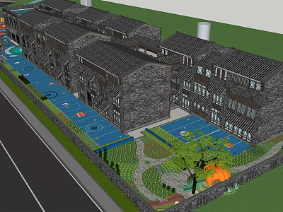 Traditional Style Kindergarten With Gray Tiled Roofs Stone Walls Blue Playground Green Lawns And Trees 3d model