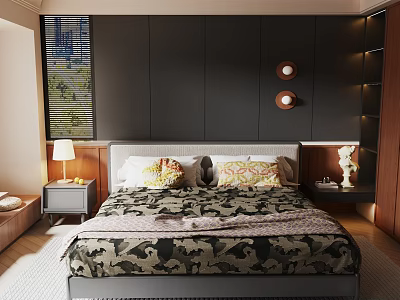 Double Bed In Modern Bedroom With Camouflage Bedspread Wooden Nightstands And Wall Lamps 3d model