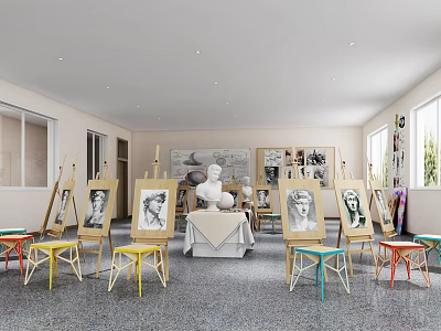 School Art Classroom Featuring Easels Student Sketches Classical Sculpture And Colorful Stools 3d model