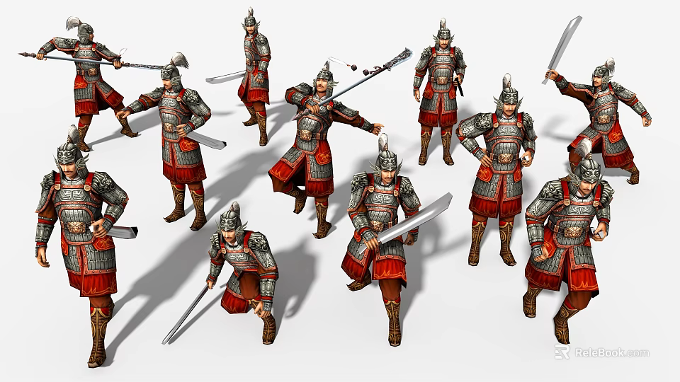 Ancient Warrior Game And Movie Characters In Armor With Various Poses Holding Swords 3d model 