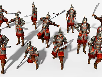 Ancient Warrior Game And Movie Characters In Armor With Various Poses Holding Swords 3d model