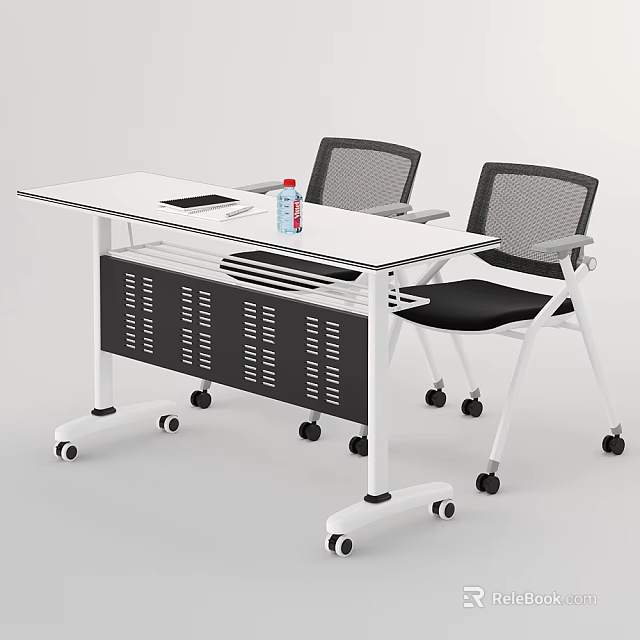Mobile White Conference Table With Rolling Wheels And Black Mesh Chairs 3d model