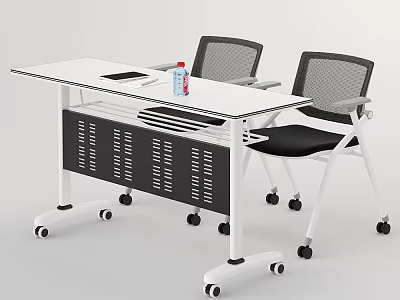 Mobile White Conference Table With Rolling Wheels And Black Mesh Chairs 3d model