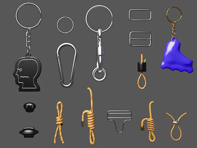 Essential Clothing Accessories Collection With Keychains Carabiners Rope Knots Metal Rings And Plastic Pendants 3d model