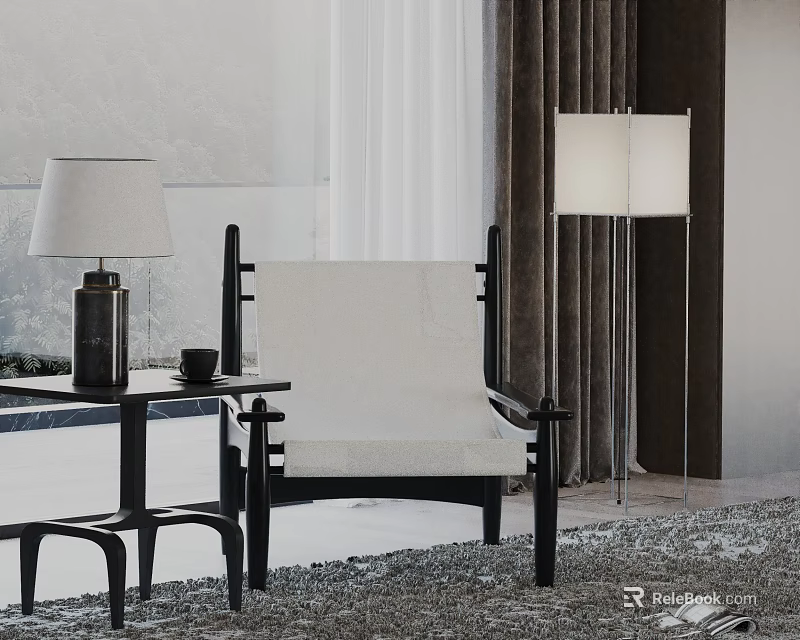 Modern Accent Chair With Black Frame White Cushion Side Table Lamps And Gray Carpet 3d model 
