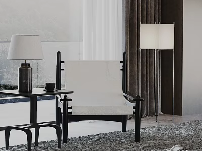 Modern Accent Chair With Black Frame White Cushion Side Table Lamps And Gray Carpet 3d model