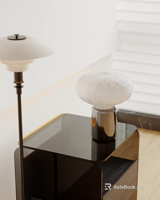 Elegant Modern Interior Table Lamp With White Lampshade And Silver Base On Black Table 3d model