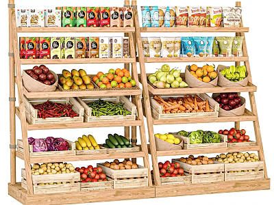 Wooden Display Shelves Showcasing Fresh Fruits Vegetables And Packaged Goods In Retail Store 3d model