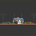 Colorful Flower Plants In Circular Beds At Urban Square With Street Lamps And Paved Paths
