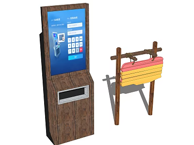 Public Facility Self Service Kiosk With Screen Keypad And Wooden Directional Information Sign 3d model