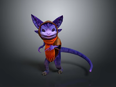 Cute Purple Fantasy Creature With Large Ears Scarf And Long Tail 3d model
